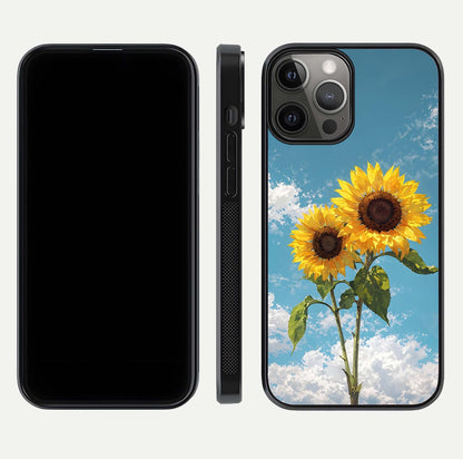 Sunflower Sky Bloom Glass Case for iPhone 12 Pro Max front & back layout showing soft blue tones and flower contrast