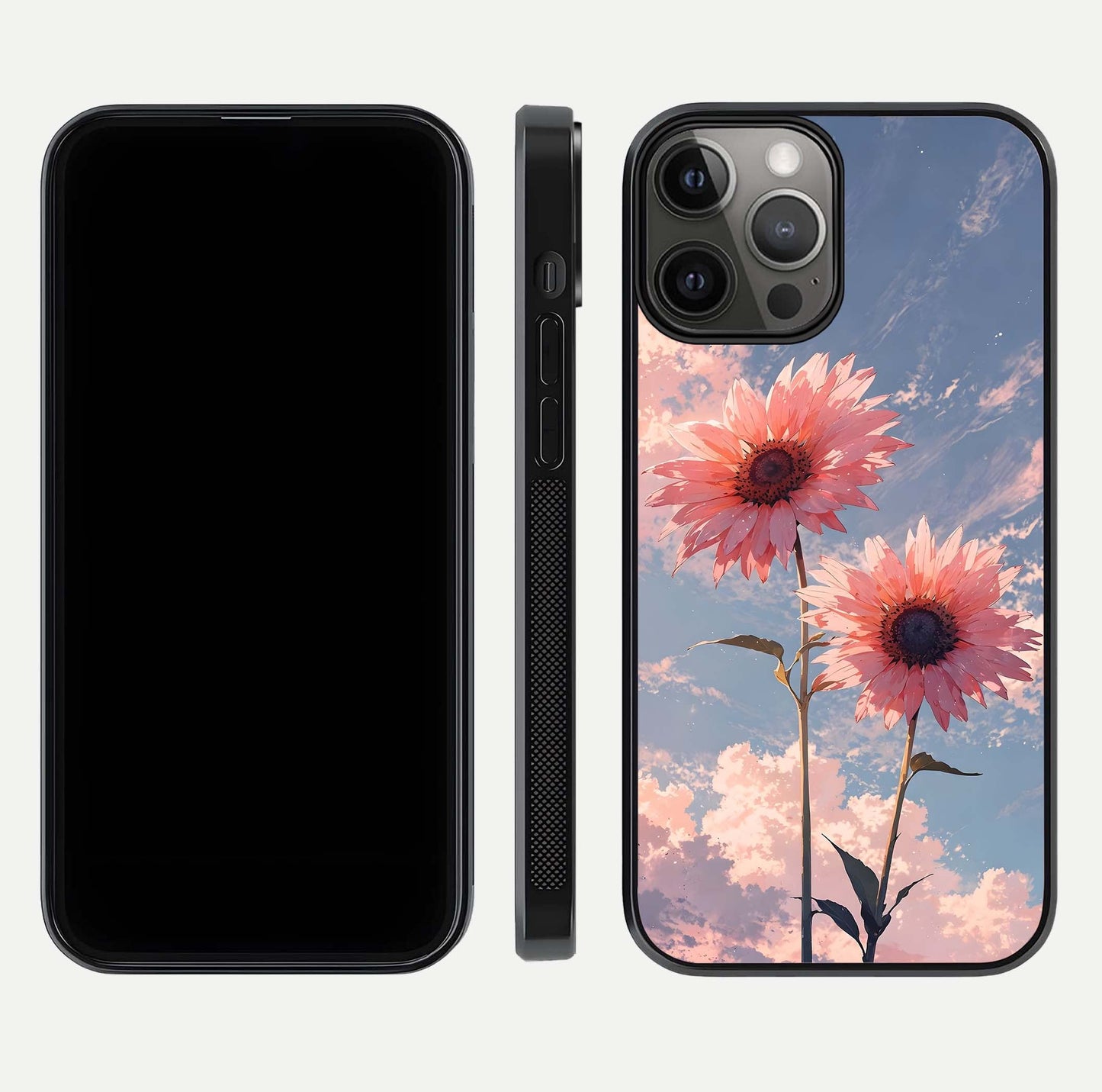 Sunlit Daisy Glow Glass Case for iPhone 12 Pro Max front & back layout showing vibrant sunlight hues and clean edge