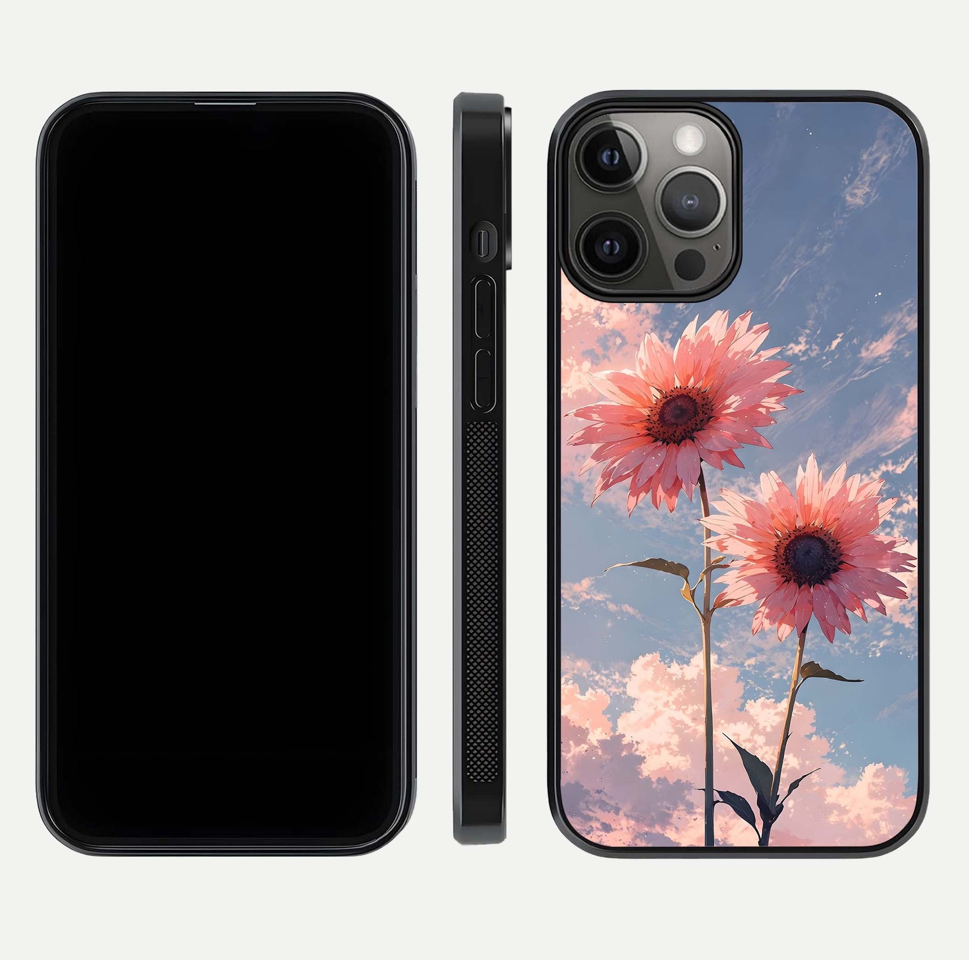 Sunlit Daisy Glow Glass Case for iPhone 12 Pro Max front & back layout showing vibrant sunlight hues and clean edge