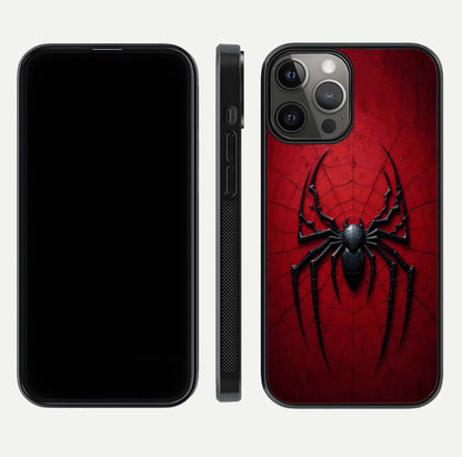 Venom Web Emblem Glass Case for iPhone 12 Pro Max front & back layout showing contrast art and curved glass edges