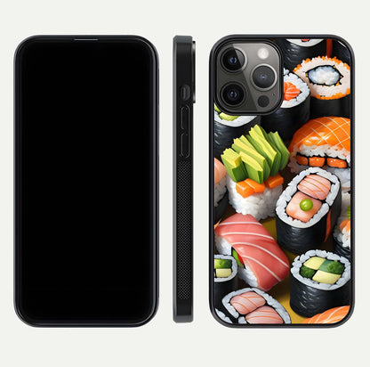 Sushi Food Pattern Glass Case for iPhone 12 Pro Max front & back layout showing playful food theme and clear edges