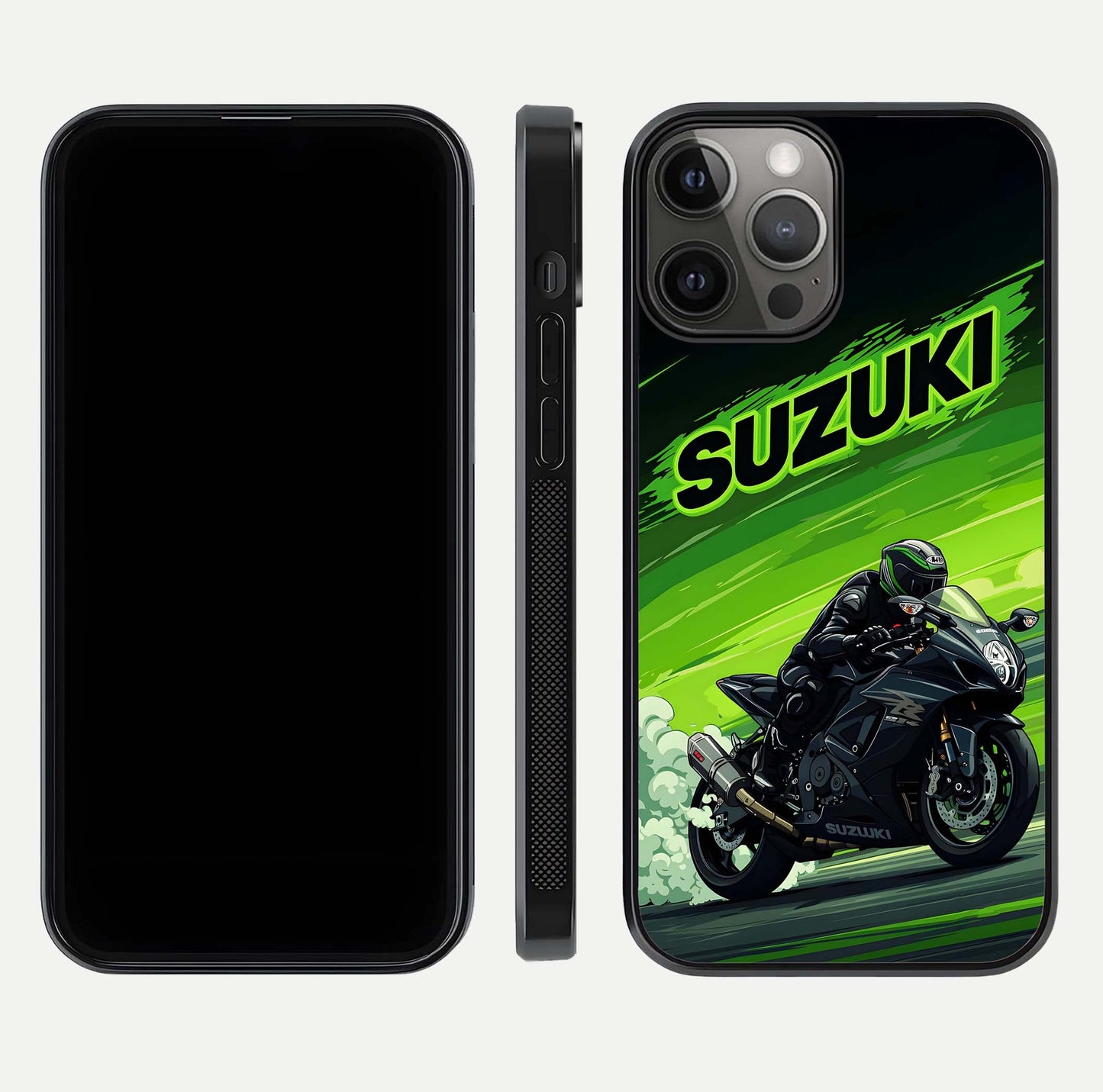 Suzuki Speed Beast Glass Case for iPhone 12 Pro Max front & back layout showing motion blur and sleek edges