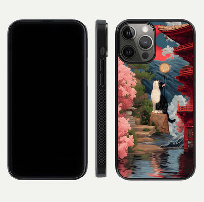 Temple Cat Scenery Glass Case for iPhone 12 Pro Max front & back layout showing scenic print and edge design