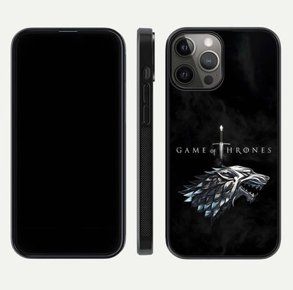 Throne Wolf Legacy Glass Case for iPhone 12 Pro Max front & back layout showing bold pattern and sharp edge