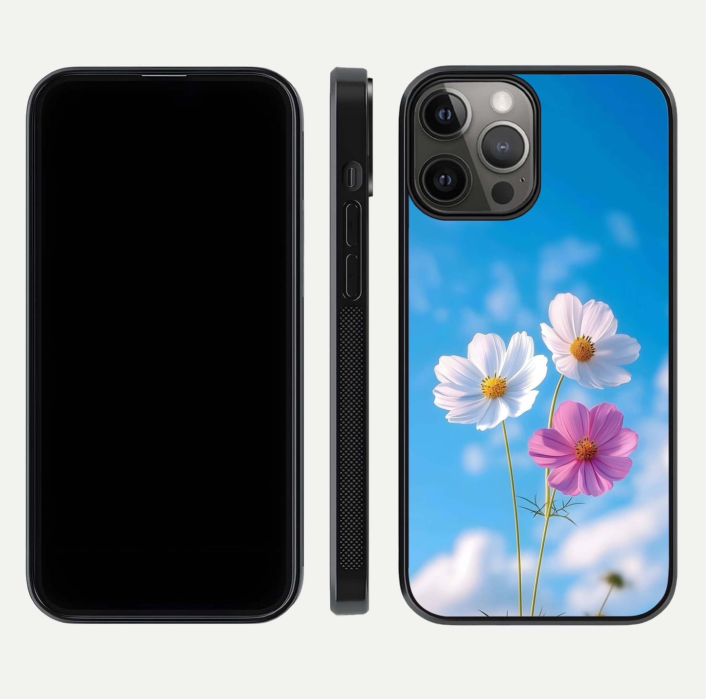 Triple Flowers With Sky Glass Case for iPhone 12 Pro Max front & back layout showing vivid tones and glossy surface