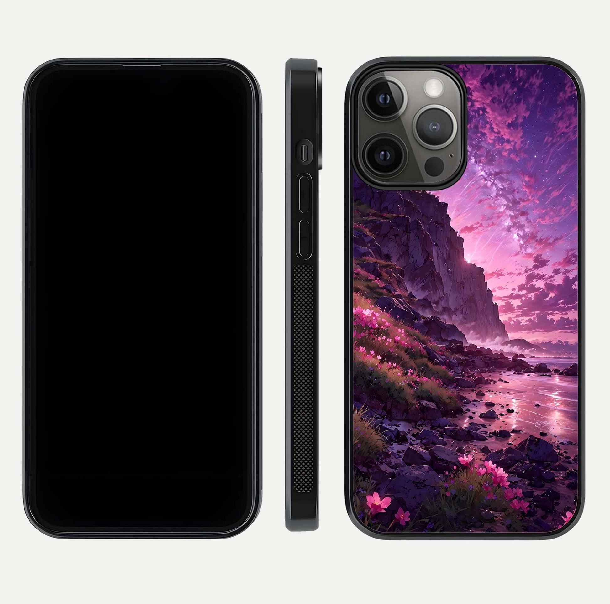 Twilight Blossom Coast Glass Case for iPhone 12 Pro Max front & back layout showing floral tones and curved edge