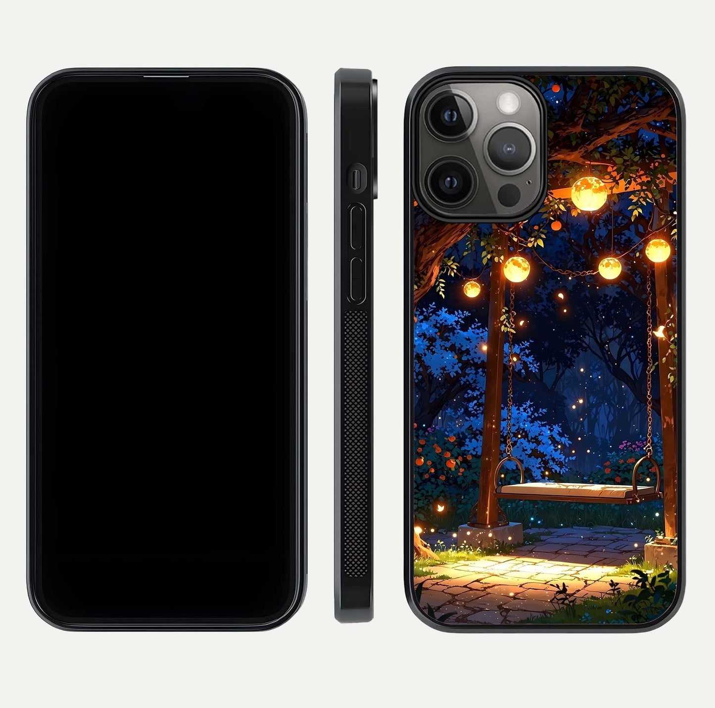 Twilight Garden Swing Glass Case for iPhone 12 Pro Max front & back layout showing garden art and clean edge