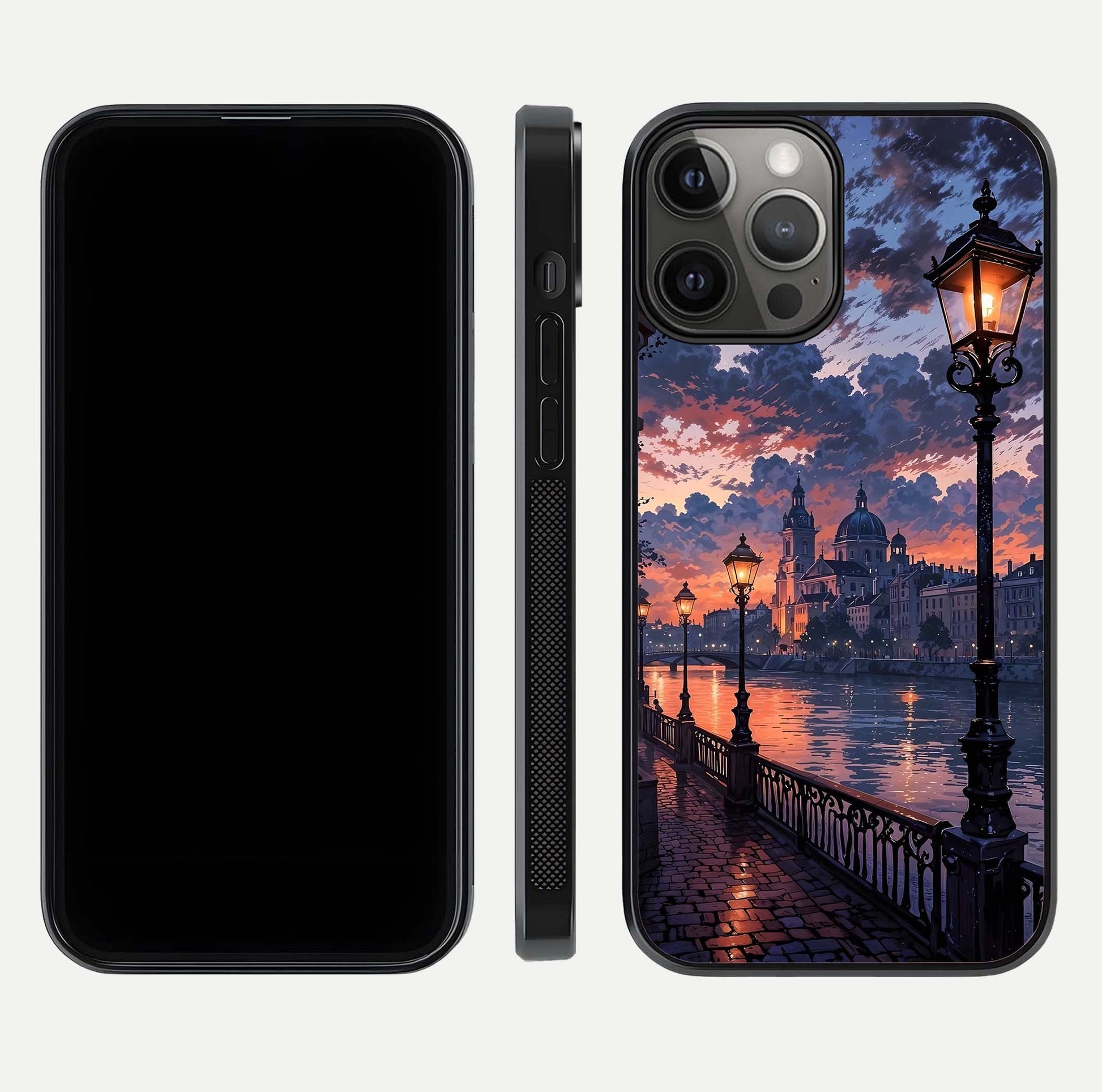 Twilight River Lights Glass Case for iPhone 12 Pro Max front & back layout showing scenic artwork and smooth curved edges
