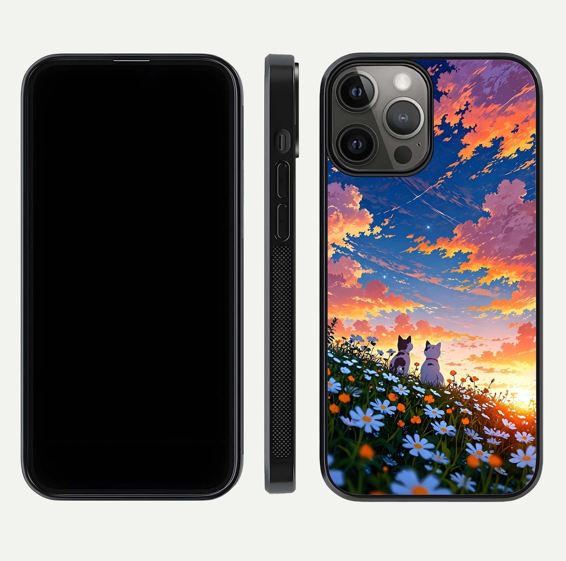 Two Cats Friends Glass Case for iPhone 12 Pro Max front & back layout showing friendly cat theme and edge design