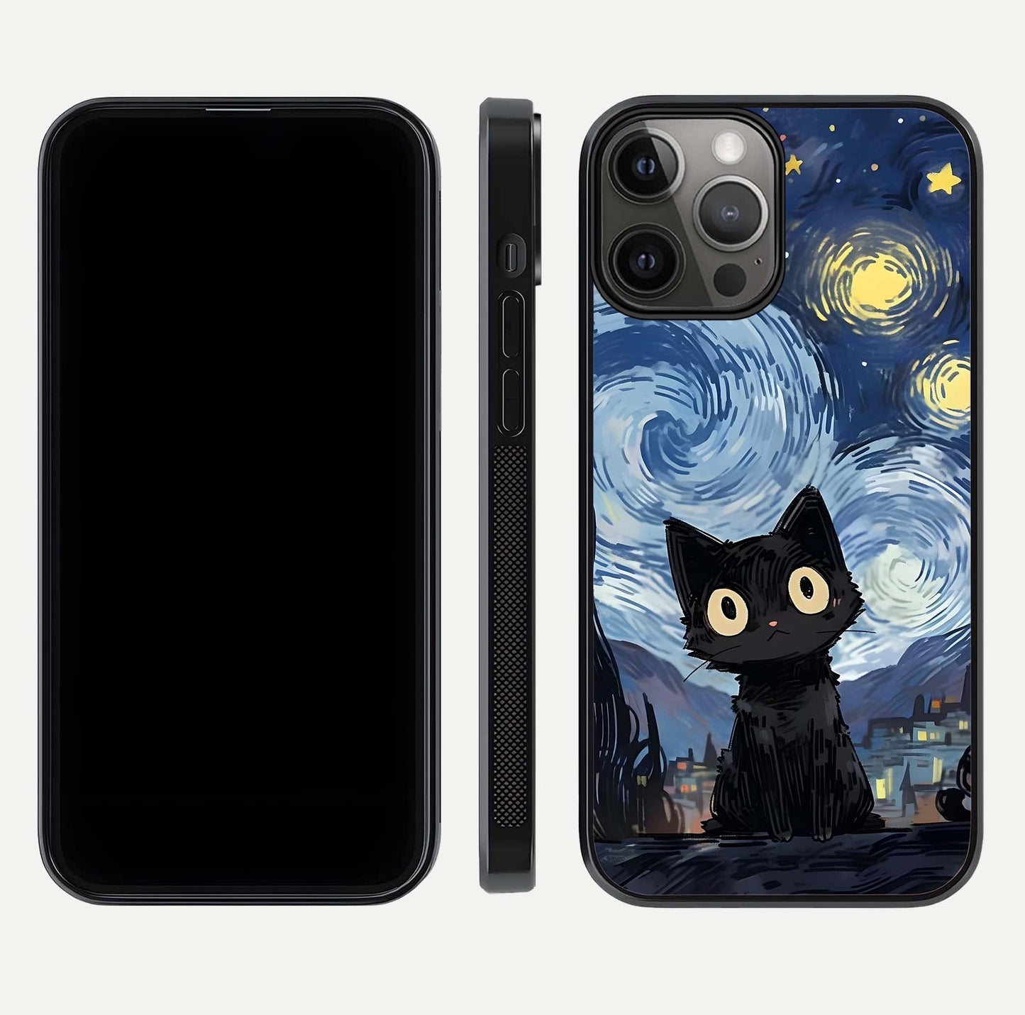 Van Gogh Cat Glass Case for iPhone 12 Pro Max front & back layout showing detailed art print and curved glass edges