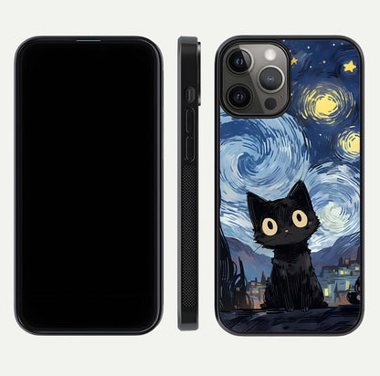 Van Gogh Cat Glass Case for iPhone 12 Pro Max front & back layout showing detailed art print and curved glass edges