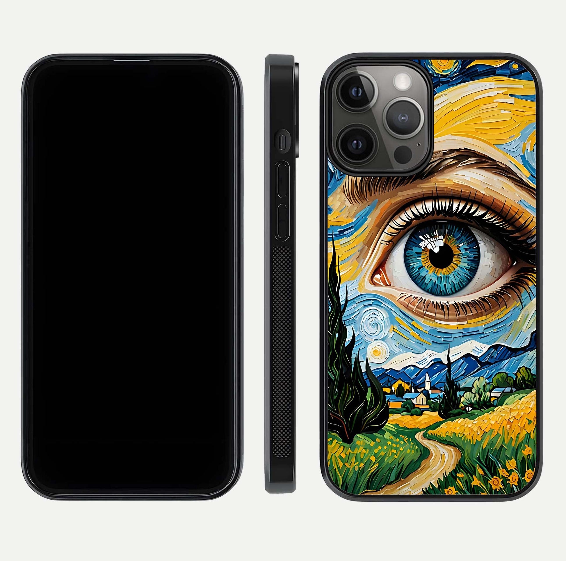 Van Gogh Eye Glass Case for iPhone 12 Pro Max front & back layout showing brushstroke detail and smooth finish