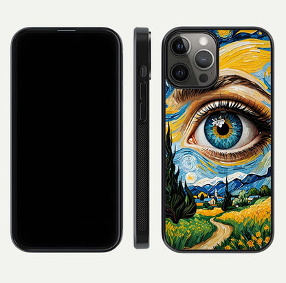 Van Gogh Eye Glass Case for iPhone 12 Pro Max front & back layout showing brushstroke detail and smooth finish