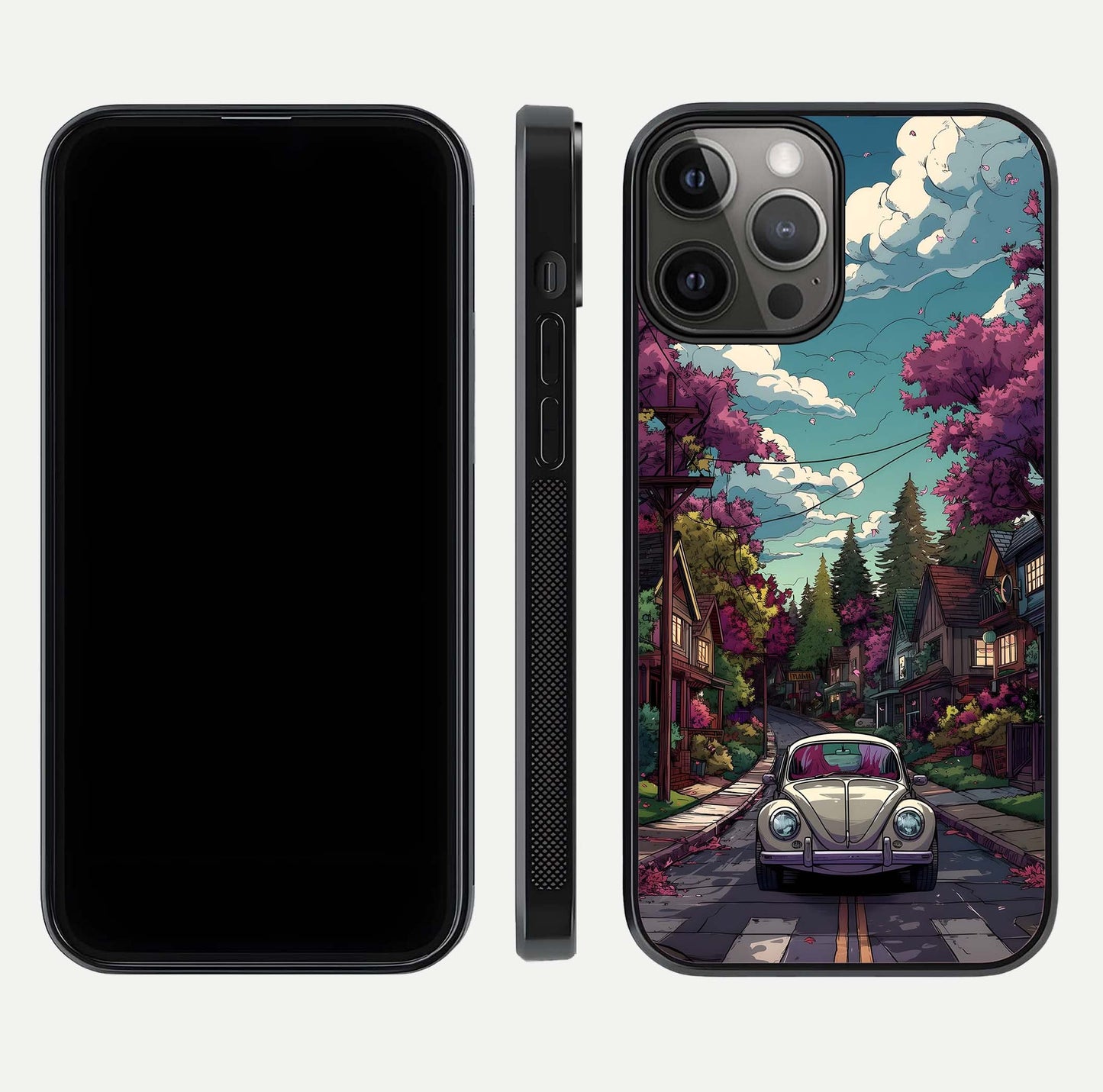 Vintage Street Drive Glass Case for iPhone 12 Pro Max front & back layout showing retro street scene and edges