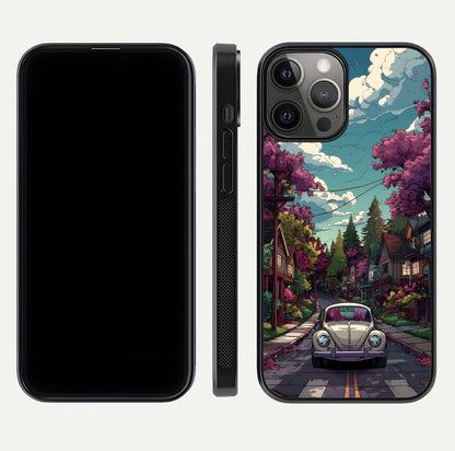 Vintage Street Drive Glass Case for iPhone 12 Pro Max front & back layout showing retro street scene and edges