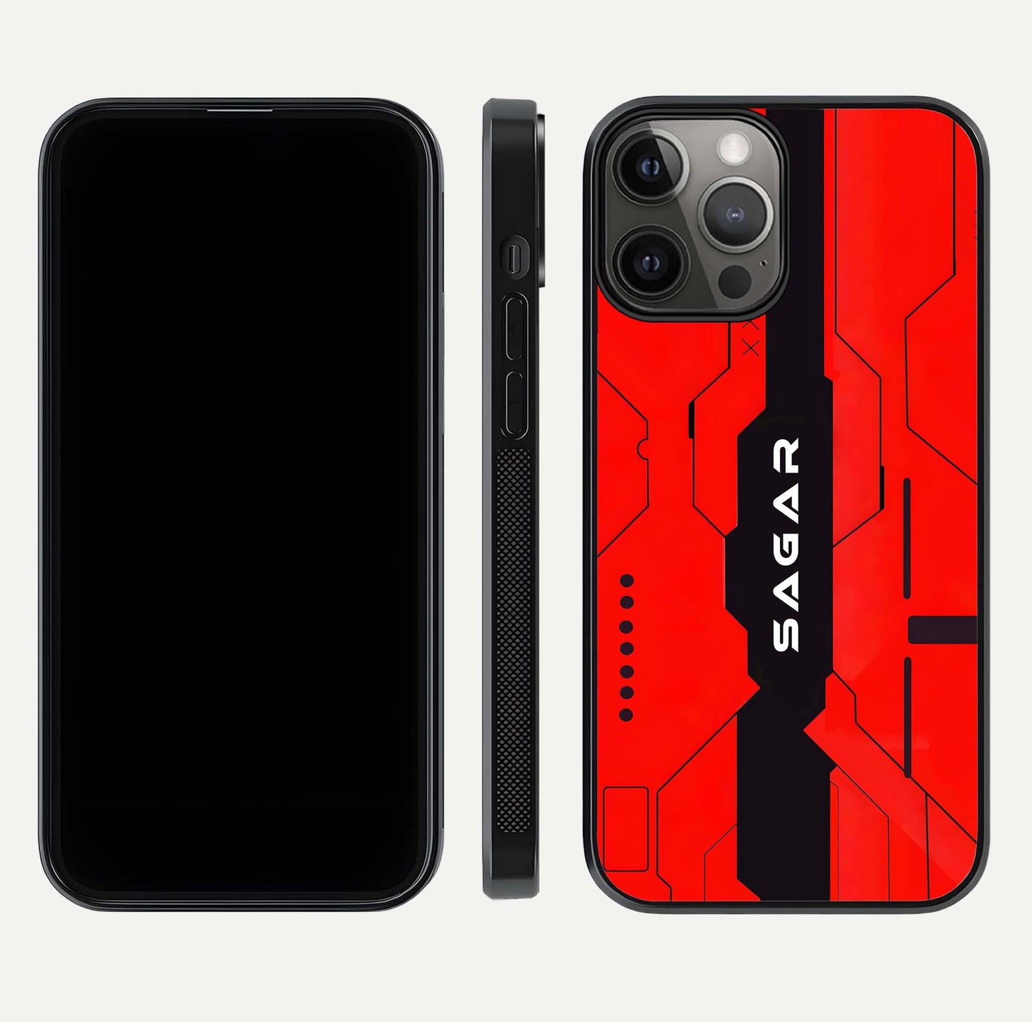 Voltage Rise CYBERPUNK Custom Name Glass Case for iPhone 12 Pro Max front & back layout showing futuristic tones and sleek edge