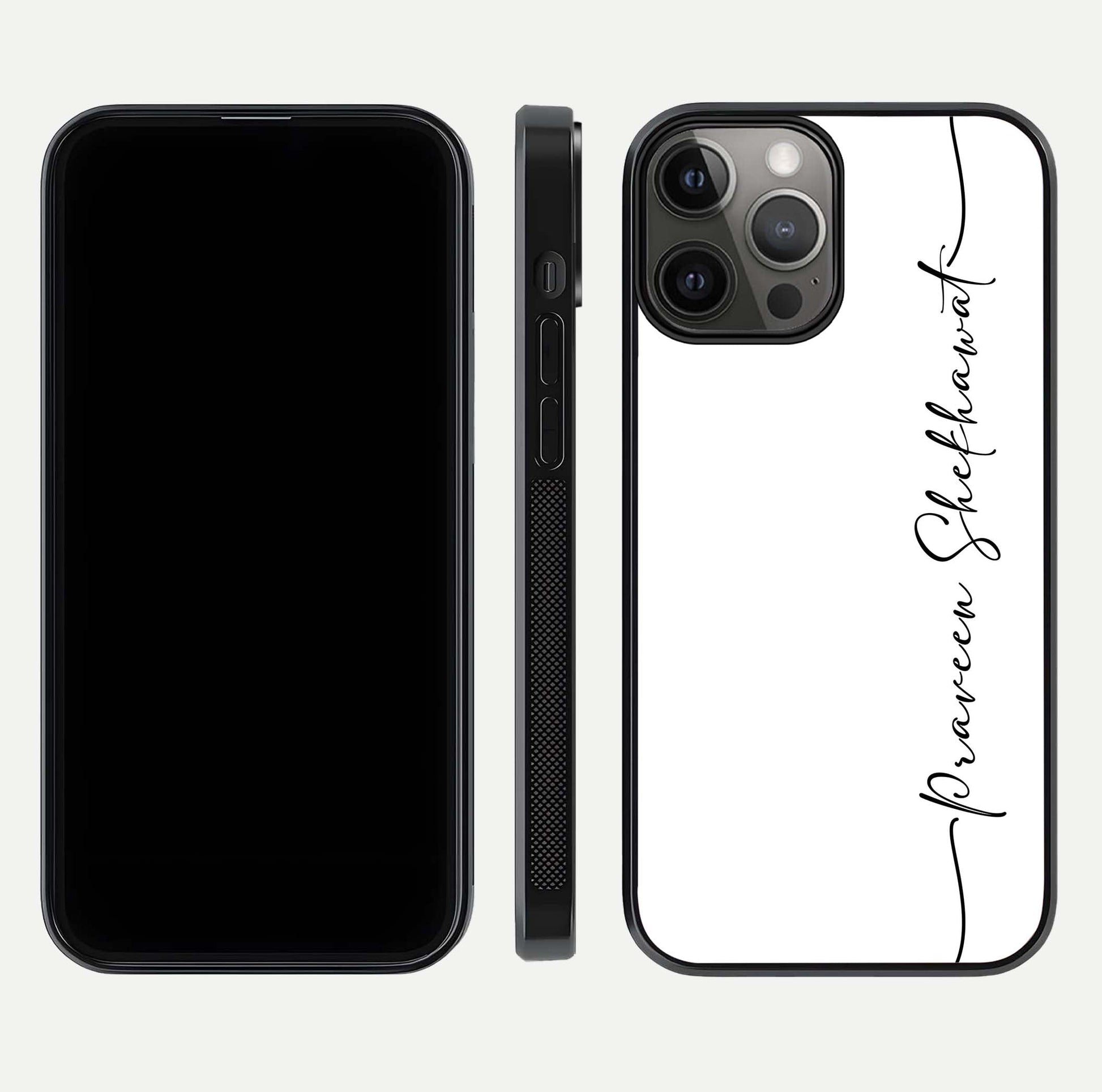 White Tune Custom Name Glass Case for iPhone 12 Pro Max front & back layout showing clean design and text placement