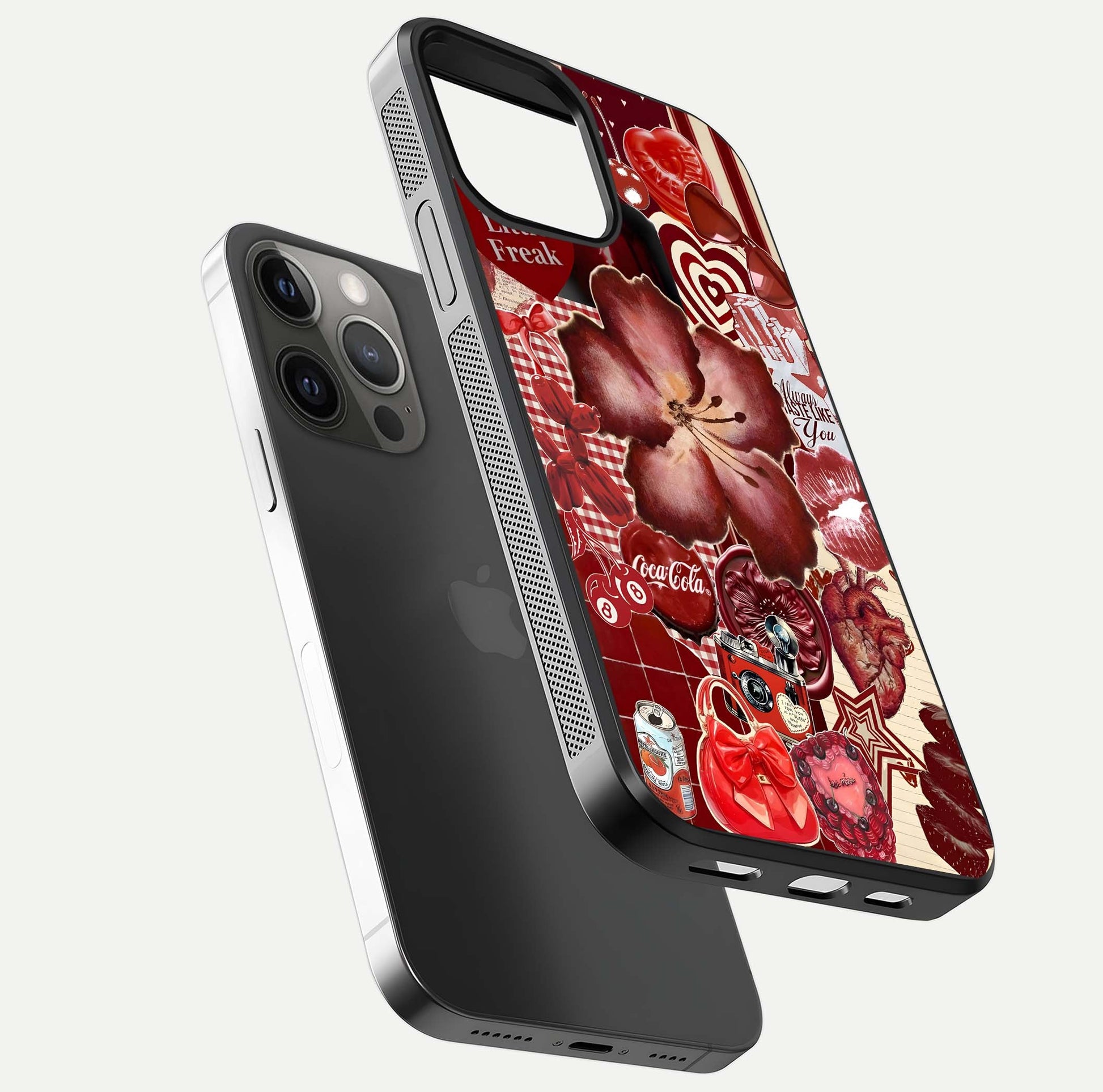 Aesthetic Little Freak Glass Case for iPhone 12 Pro Max floating dual-view mockup showing edge design and detailed collage gloss texture