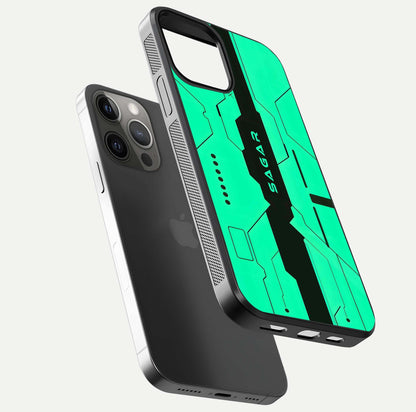 Aqua Tech CYBERPUNK Custom Name Glass Case for iPhone 12 Pro Max floating mockup highlighting name customization area