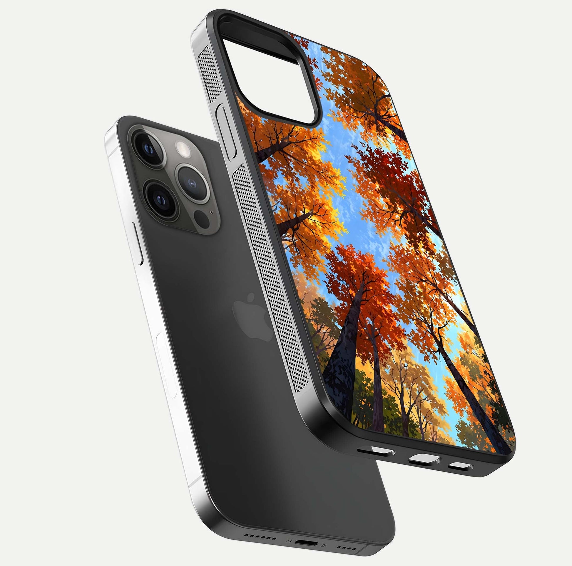 Autumn Sky Rise Glass Case for iPhone 12 Pro Max floating dual-view mockup with sky horizon and glossy highlights