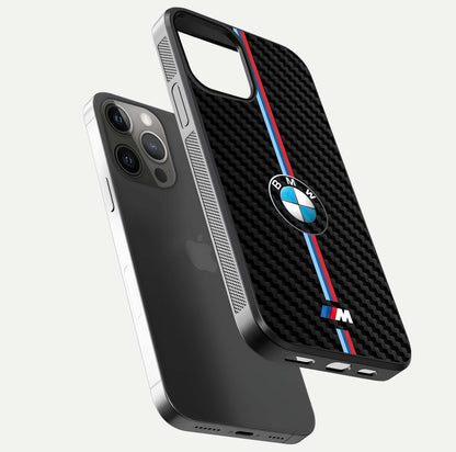BMW Pattern Glass Case for iPhone 12 Pro Max floating mockup highlighting clean lines and metallic accent reflection