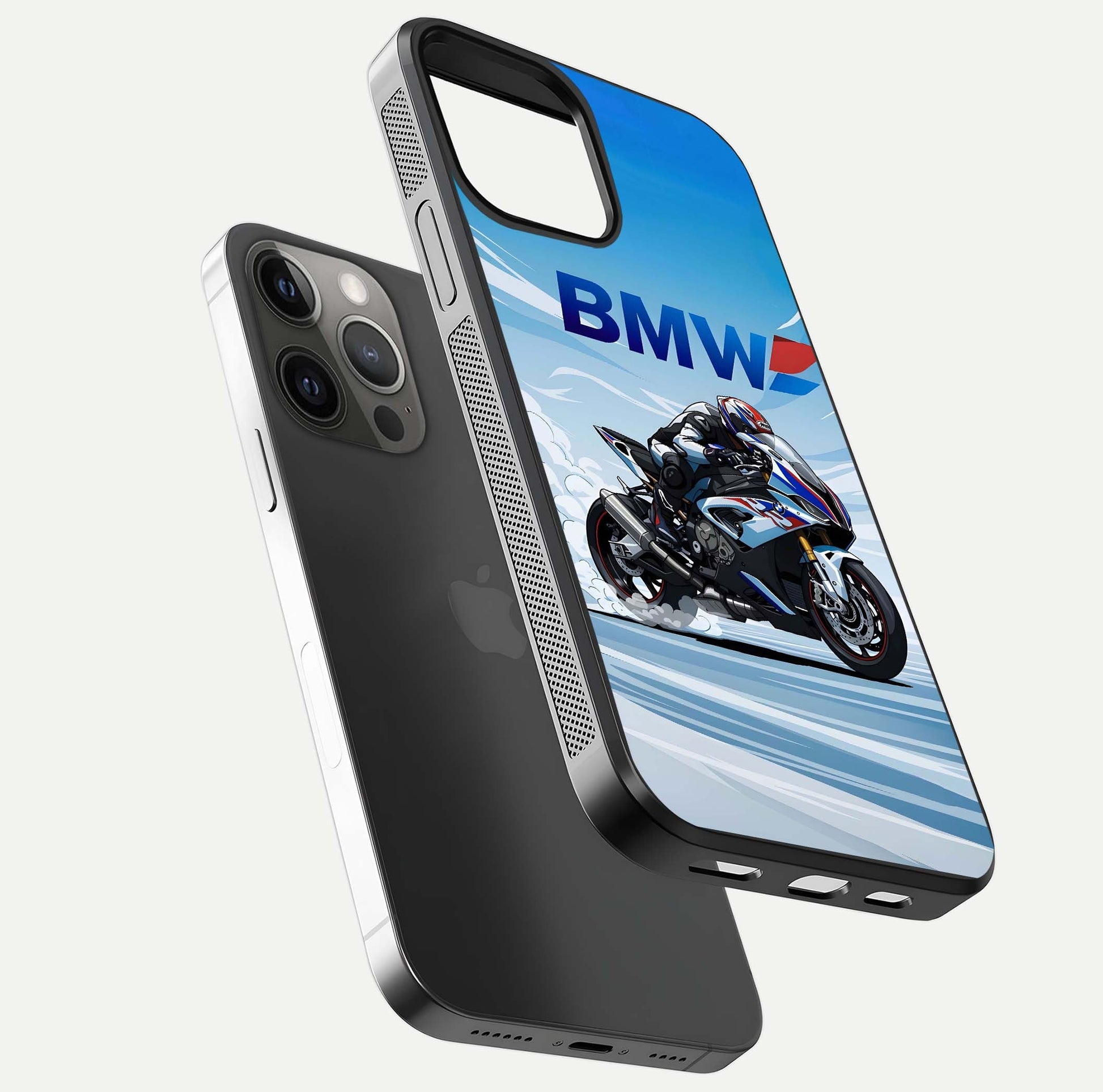 BMW Power Drift Glass Case for iPhone 12 Pro Max floating mockup displaying bold drift artwork and glossy polish