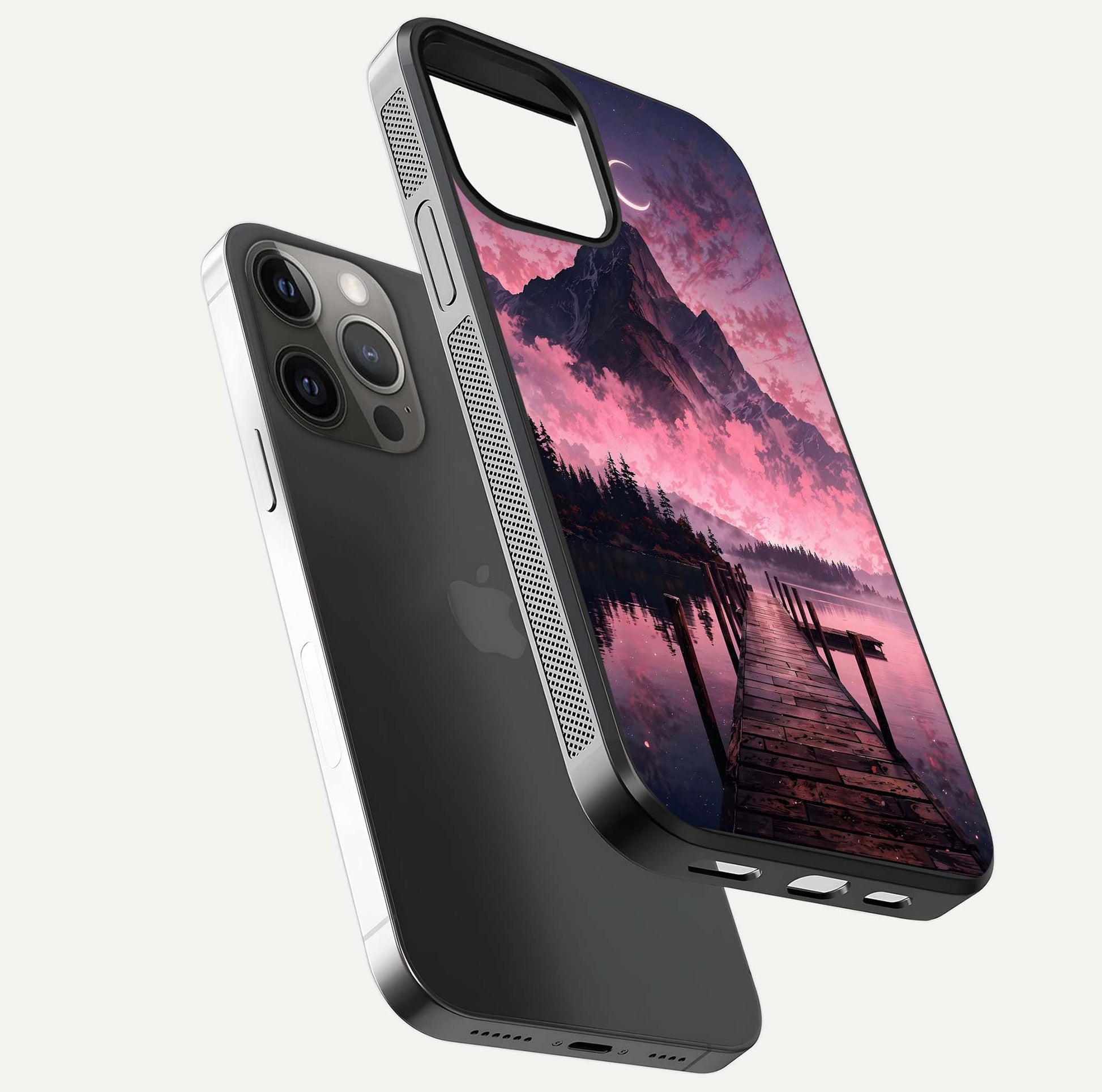 Beautyful Mountain View Glass Case for iPhone 12 Pro Max floating dual mockup showing edges and reflective sky print