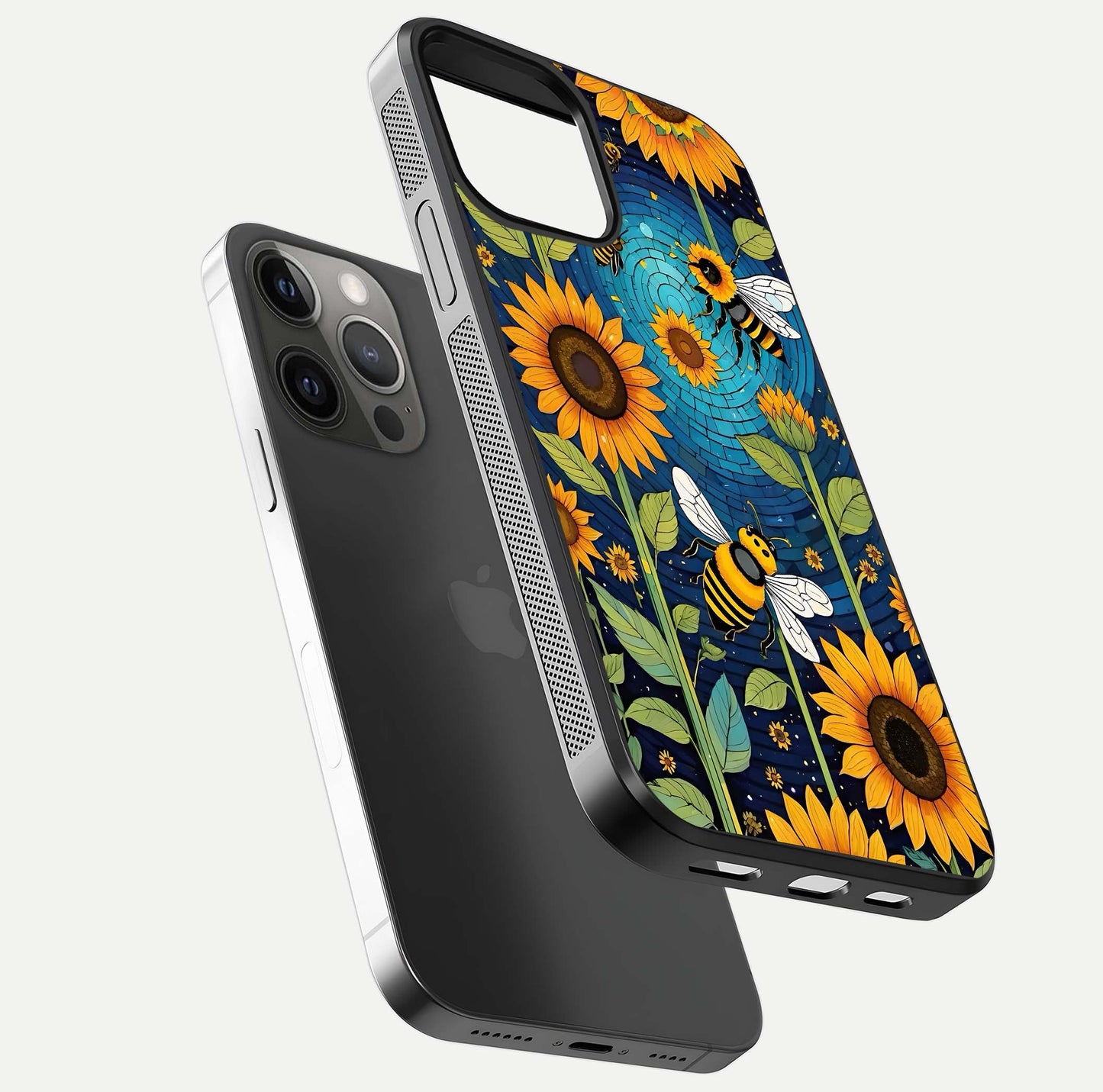 Bees & Sunflowers Glass Case for iPhone 12 Pro Max floating dual-view mockup displaying vibrant yellow tones and gloss texture