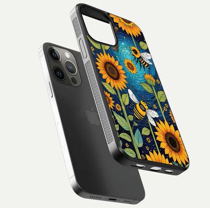 Bees & Sunflowers Glass Case for iPhone 12 Pro Max floating dual-view mockup displaying vibrant yellow tones and gloss texture