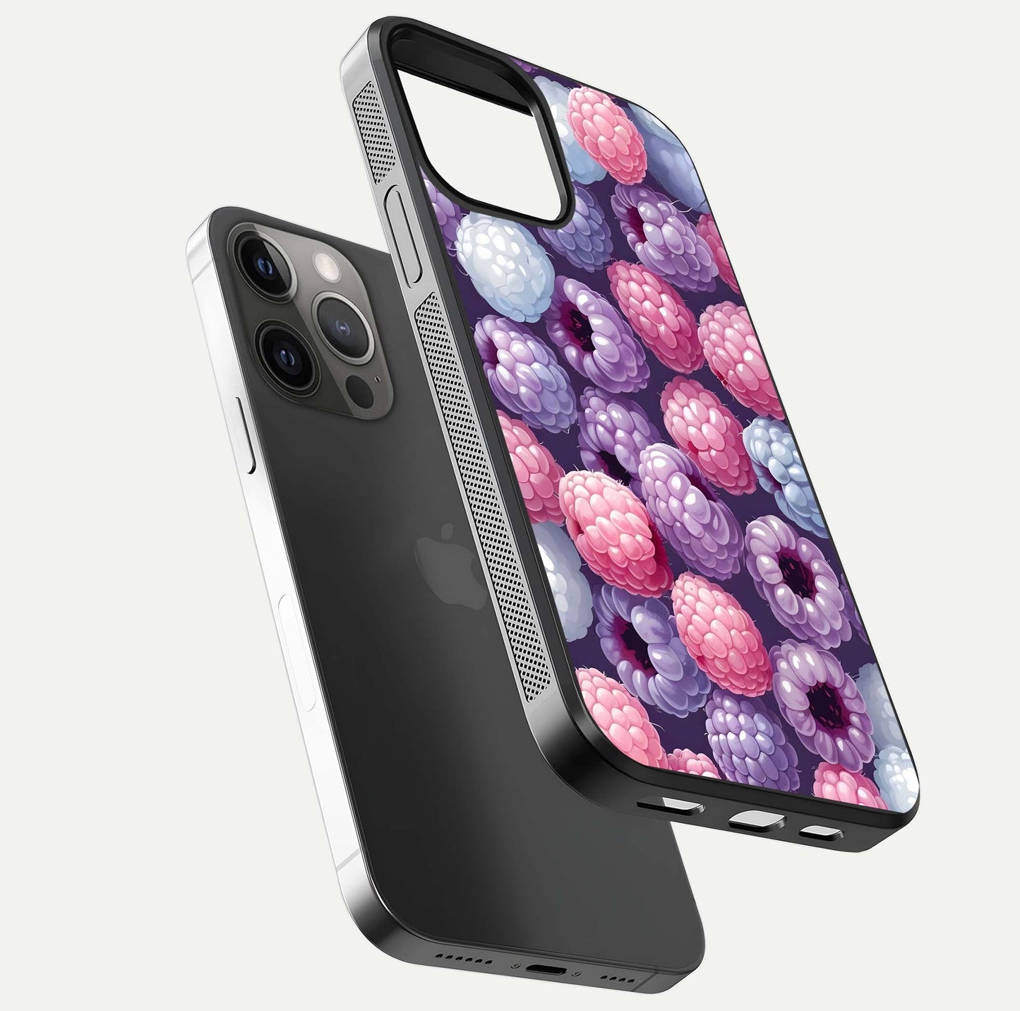 Berry Candy Pop Glass Case for iPhone 12 Pro Max floating dual-view mockup highlighting gloss shine and curved edges