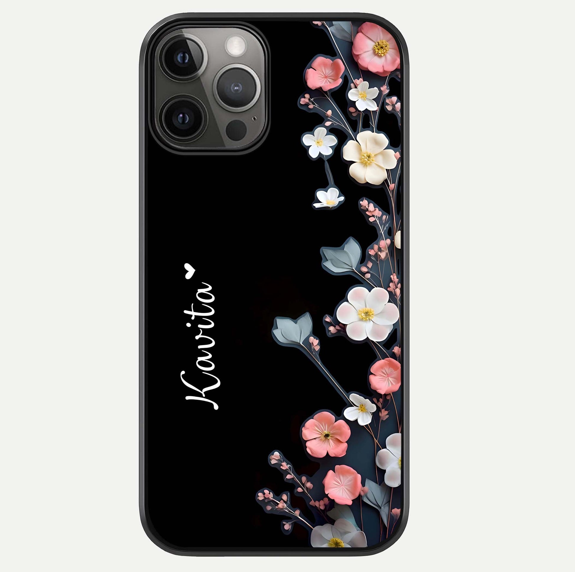 Black Elegance Floral Custom Name Glass Case For iPhone 12 Pro Max by Custom World