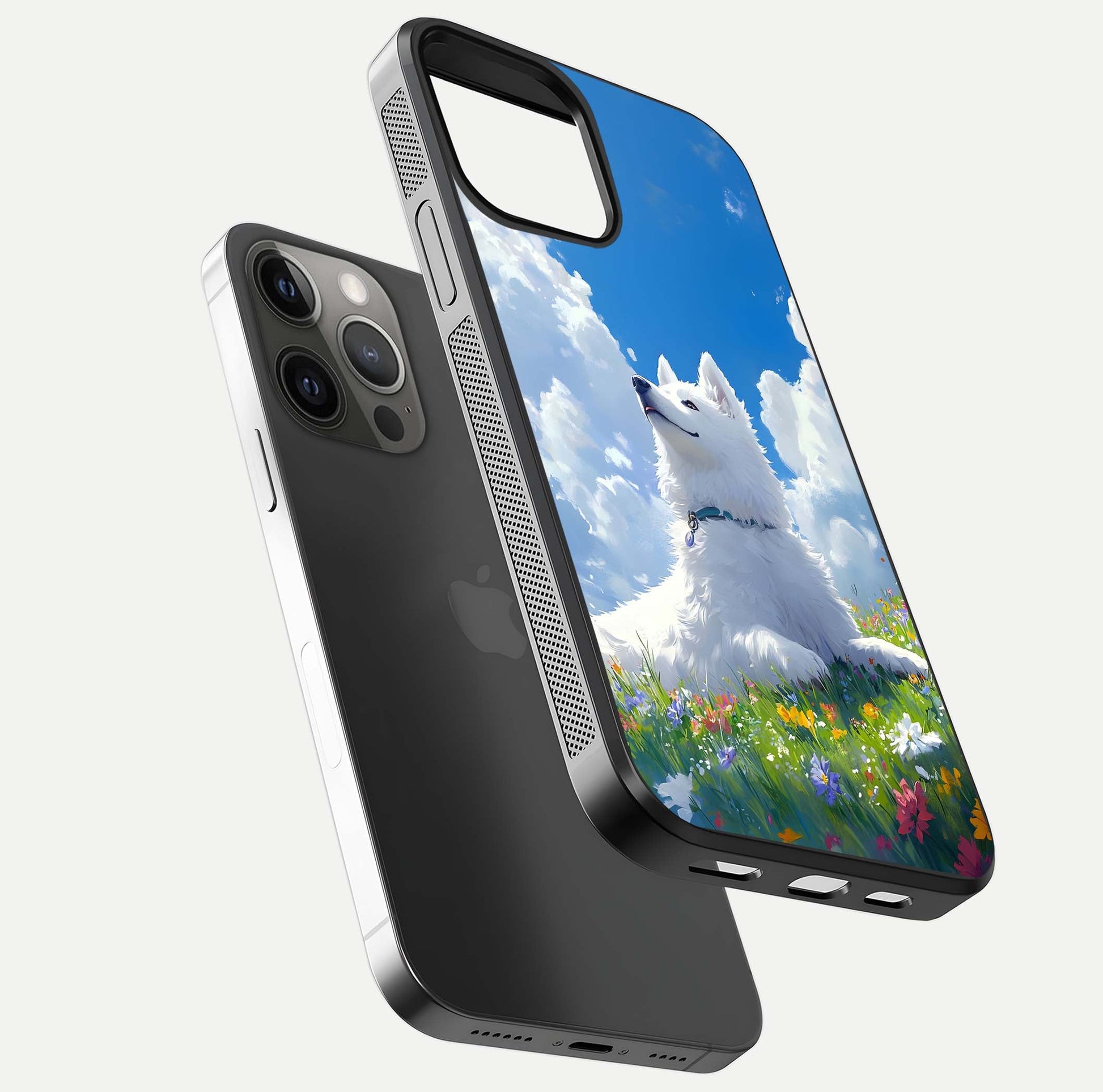 Blissful Cloud Pup Glass Case for iPhone 12 Pro Max floating mockup capturing playful aesthetic and gloss finish