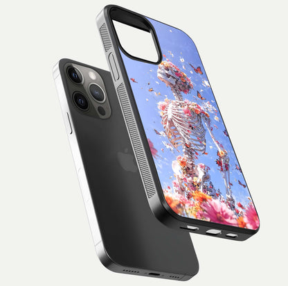 Bloom Beyond Bones Glass Case for iPhone 12 Pro Max floating mockup displaying shine, texture, and gloss detail