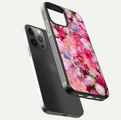 Bloom Crush Fantasy Glass Case for iPhone 12 Pro Max floating mockup showing floral pattern clarity and HD glass