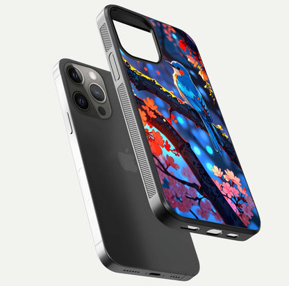 Blooming Spendor Bird Glass Case for iPhone 12 Pro Max floating dual-mockup capturing gloss tone and curved texture