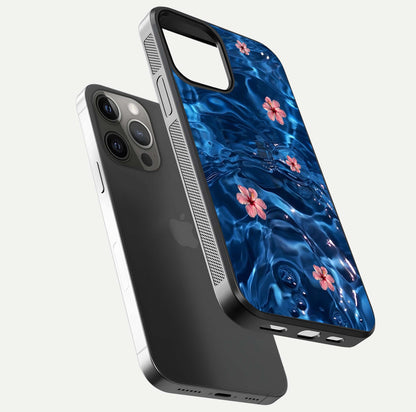 Blooming Water Drift Glass Case for iPhone 12 Pro Max floating dual-view mockup showing floral drift pattern and reflective surface