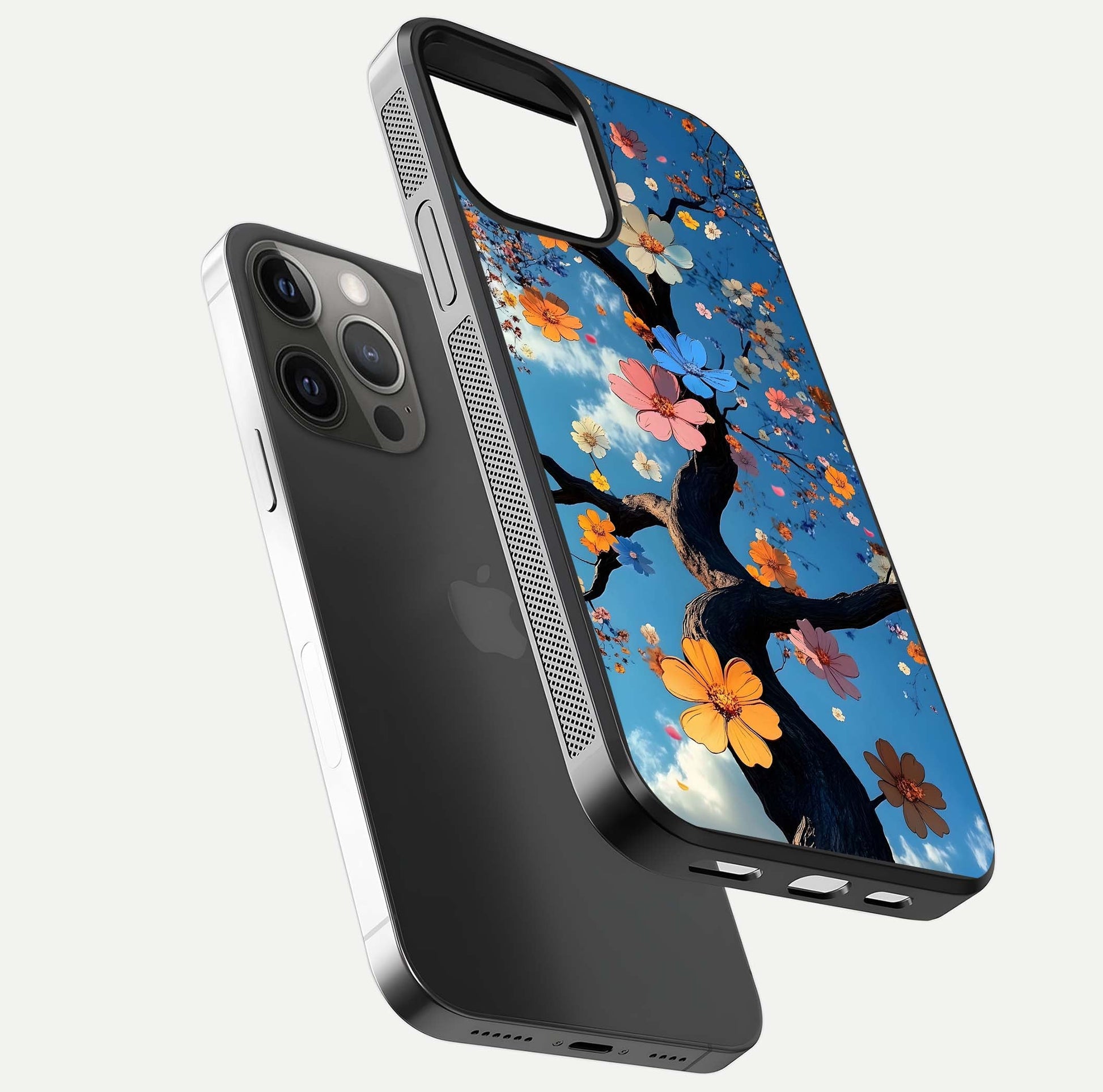Blossom Dream Sky Glass Case for iPhone 12 Pro Max floating dual-mockup displaying smooth finish and elegant sky tones