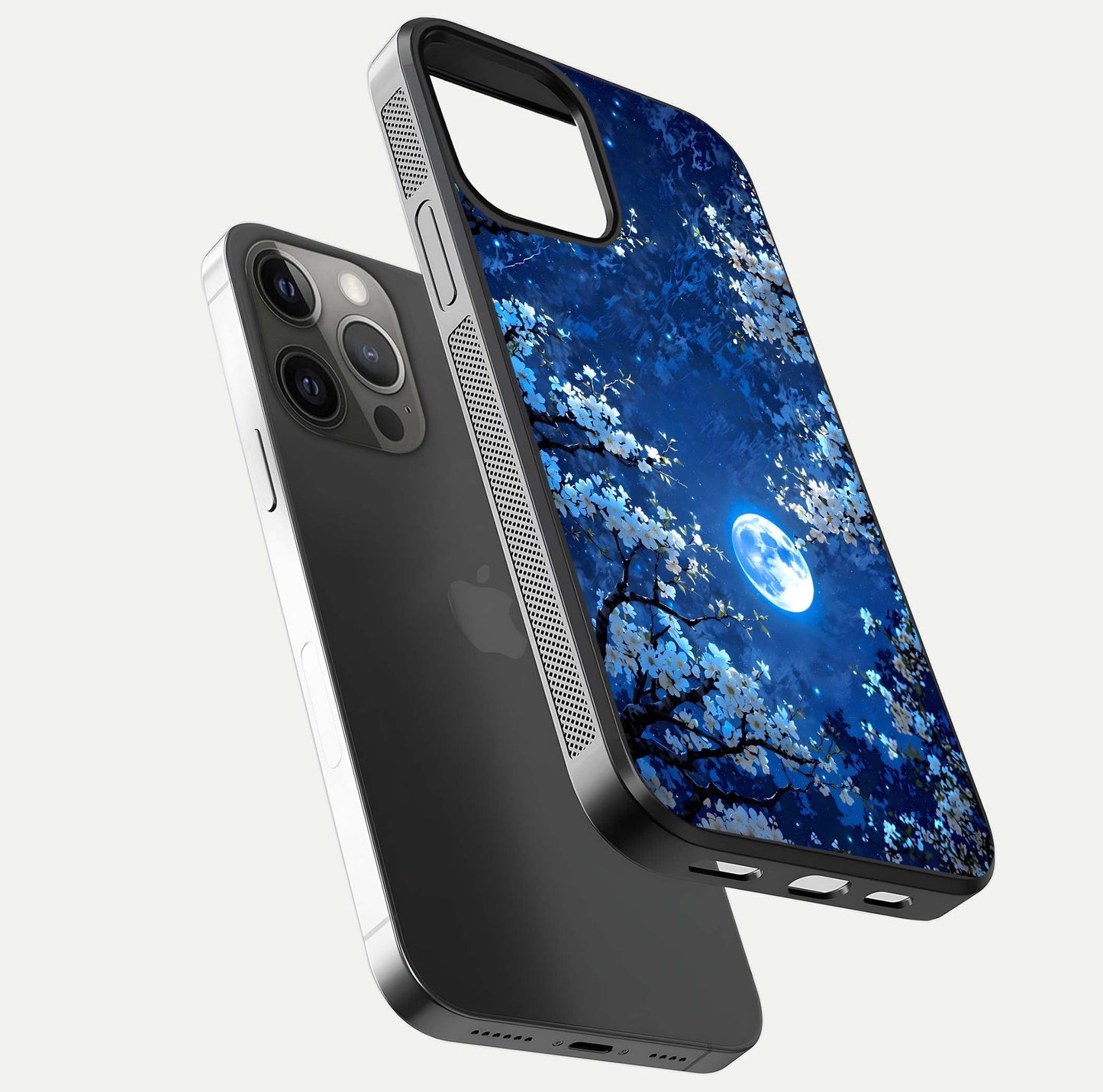 Blossom Moonlight Sky Glass Case for iPhone 12 Pro Max floating mockup showing glowing moon accent and HD gloss texture