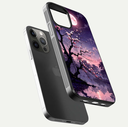 Blossom Pink Moon Glass Case for iPhone 12 Pro Max floating mockup emphasizing dreamy pink moon aura and smooth finish