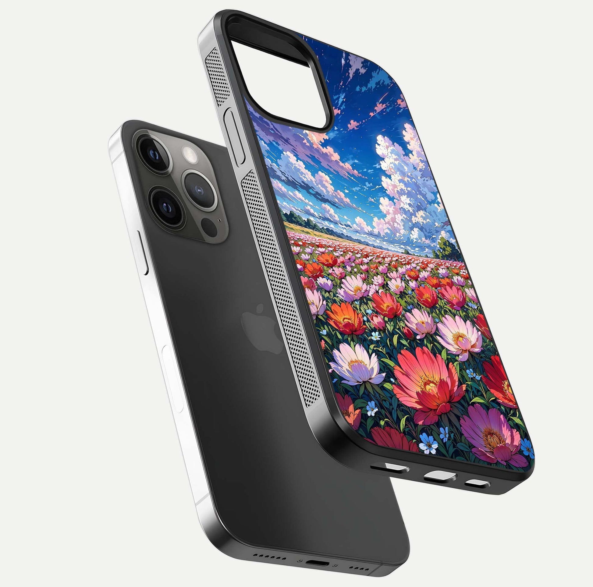 Blossom Sky Field Glass Case for iPhone 12 Pro Max floating mockup displaying sky bloom concept with smooth finish