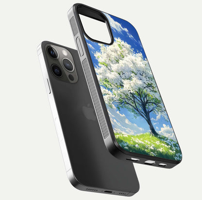 Blossom Sky Serenity Glass Case for iPhone 12 Pro Max floating mockup capturing gloss surface and tranquil design