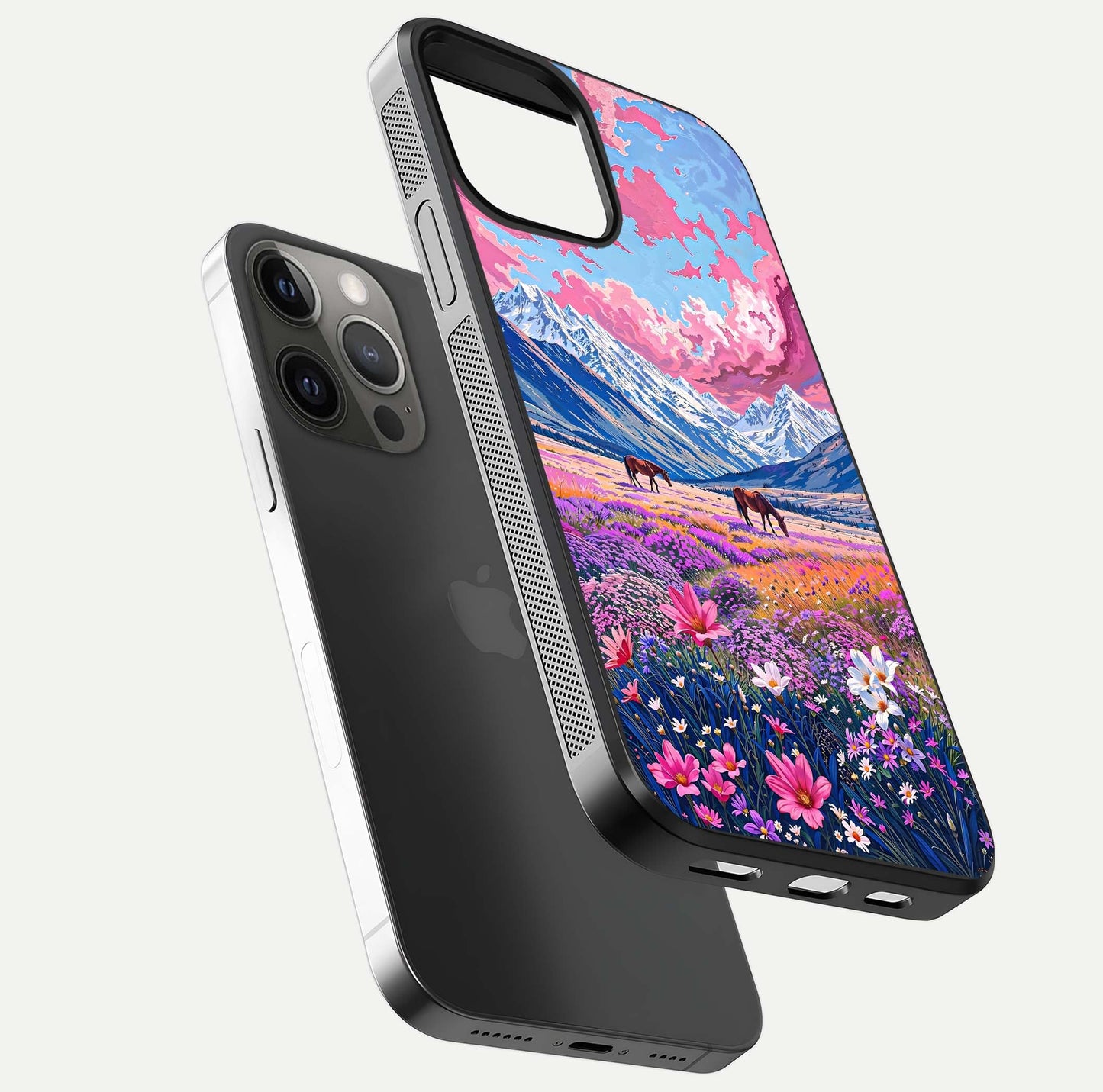 Blossom Valley Dream Glass Case for iPhone 12 Pro Max floating mockup showing floral valley blend and reflective surface