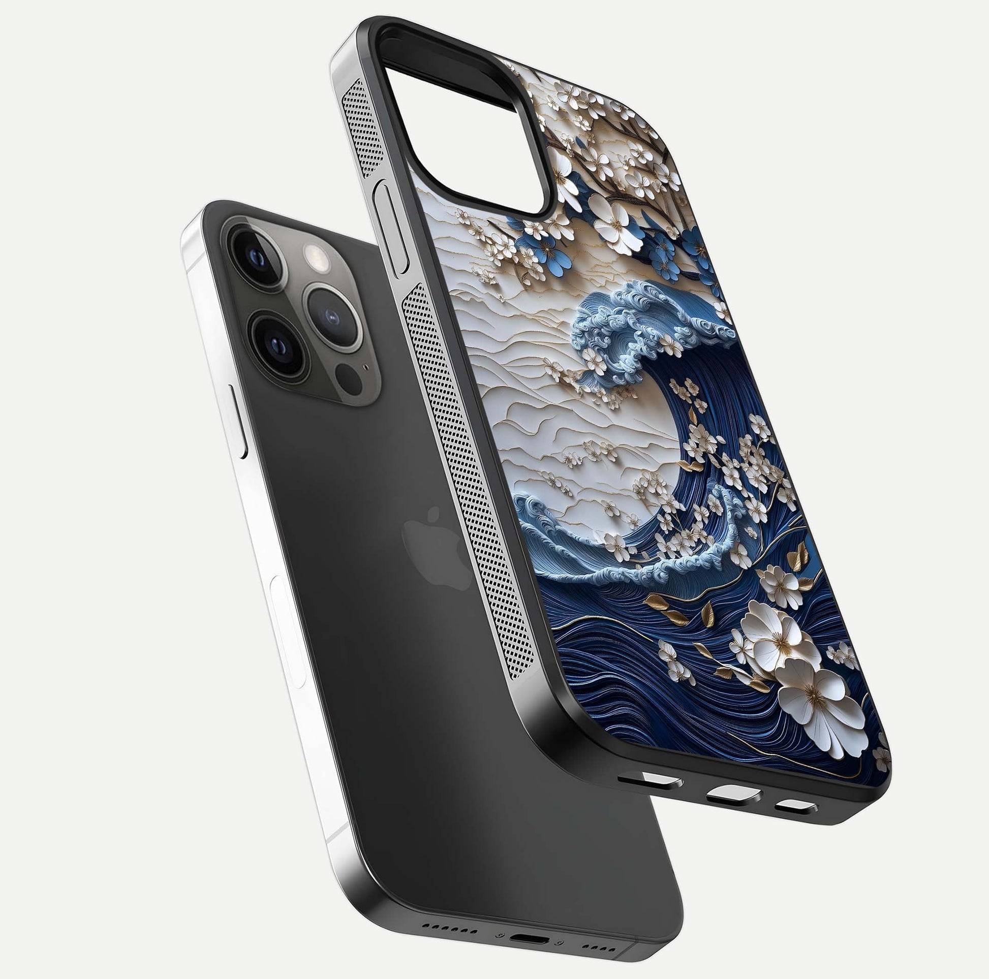 Blossom Wave Art Glass Case for iPhone 12 Pro Max floating mockup displaying pattern details and reflective shine