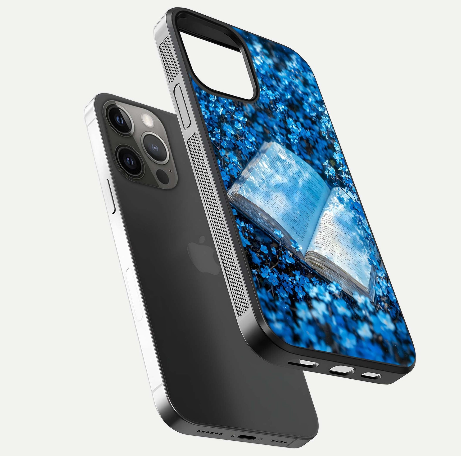 Blue Bloom Tales Glass Case for iPhone 12 Pro Max floating mockup showing detailed bloom and reflective surface