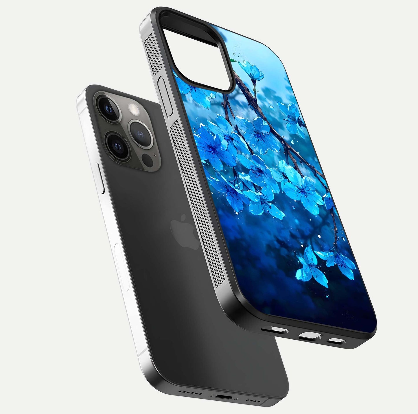 Blue Blossoms Branch Glass Case for iPhone 12 Pro Max floating mockup showing shine, curved edges, and branch detailing