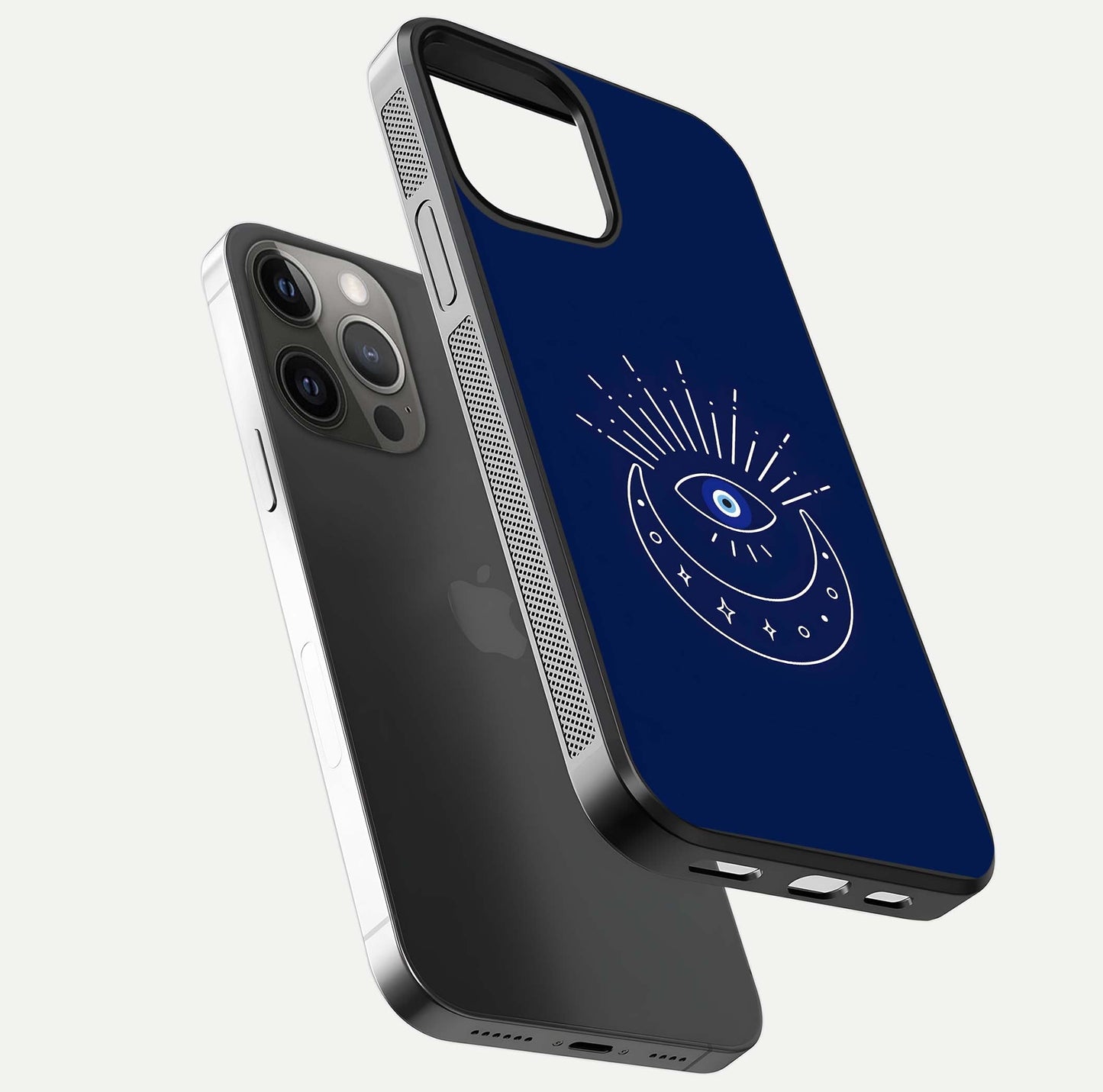 Blue Evil Eye Glass Case for iPhone 12 Pro Max floating mockup displaying glossy protection and spiritual artwork