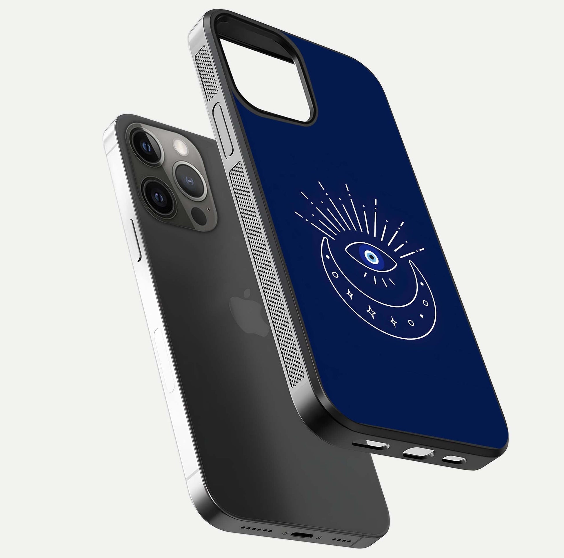 Blue Evil Eye Glass Case for iPhone 12 Pro Max floating mockup displaying glossy protection and spiritual artwork