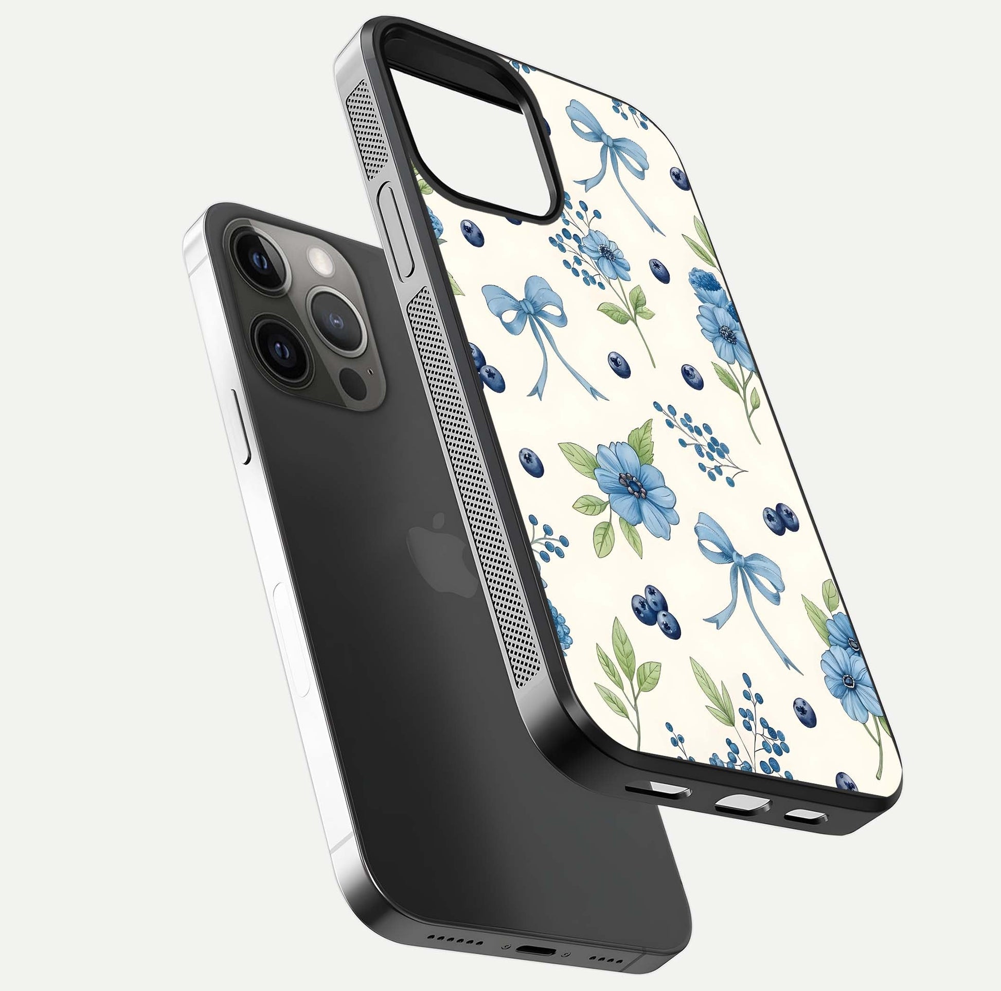 Blue Flower & Bow Glass Case for iPhone 12 Pro Max floating mockup capturing gloss reflection and girly aesthetic