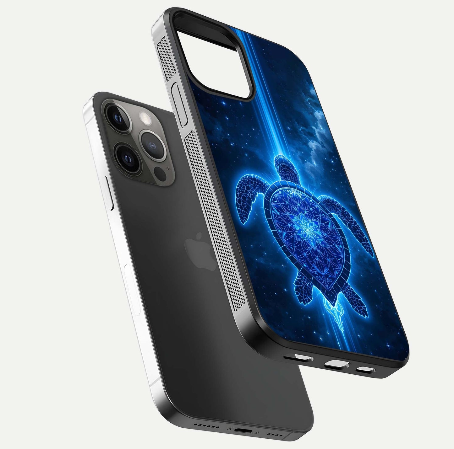 Blue Galaxy Turtle Glass Case for iPhone 12 Pro Max floating dual-mockup showing gloss depth and color transitions
