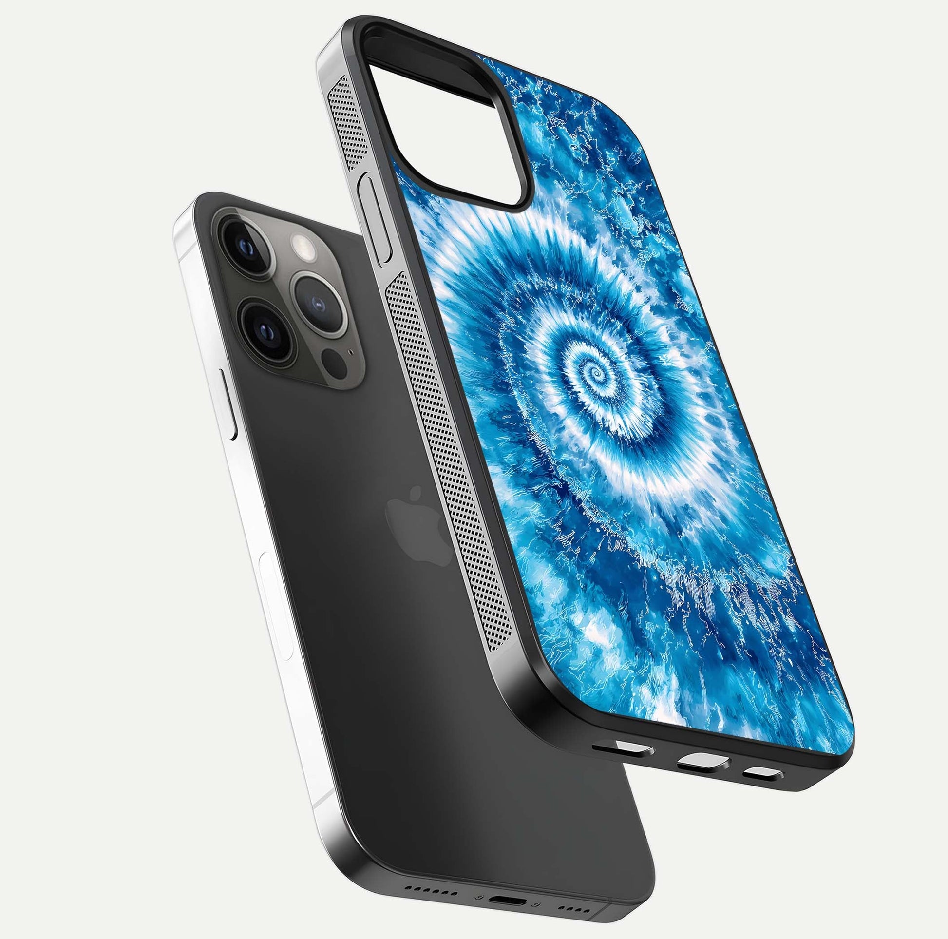 Blue Galaxy Wave Glass Case for iPhone 12 Pro Max floating mockup revealing cosmic depth and curved-edge texture